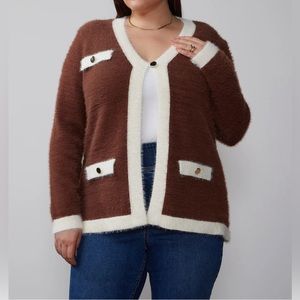 Plus Long Sleeve Fuzzy Contrast Cardigan - New York & Company - NWT